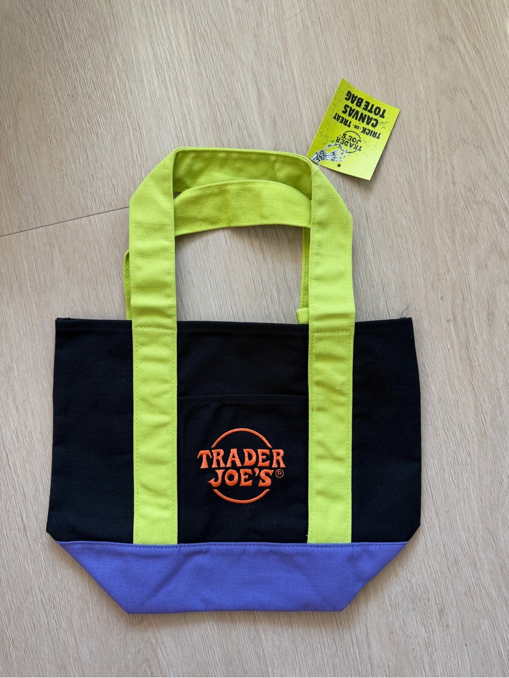 Trader Joe's Black Canvas Tote with Lime Handles and Purple Base